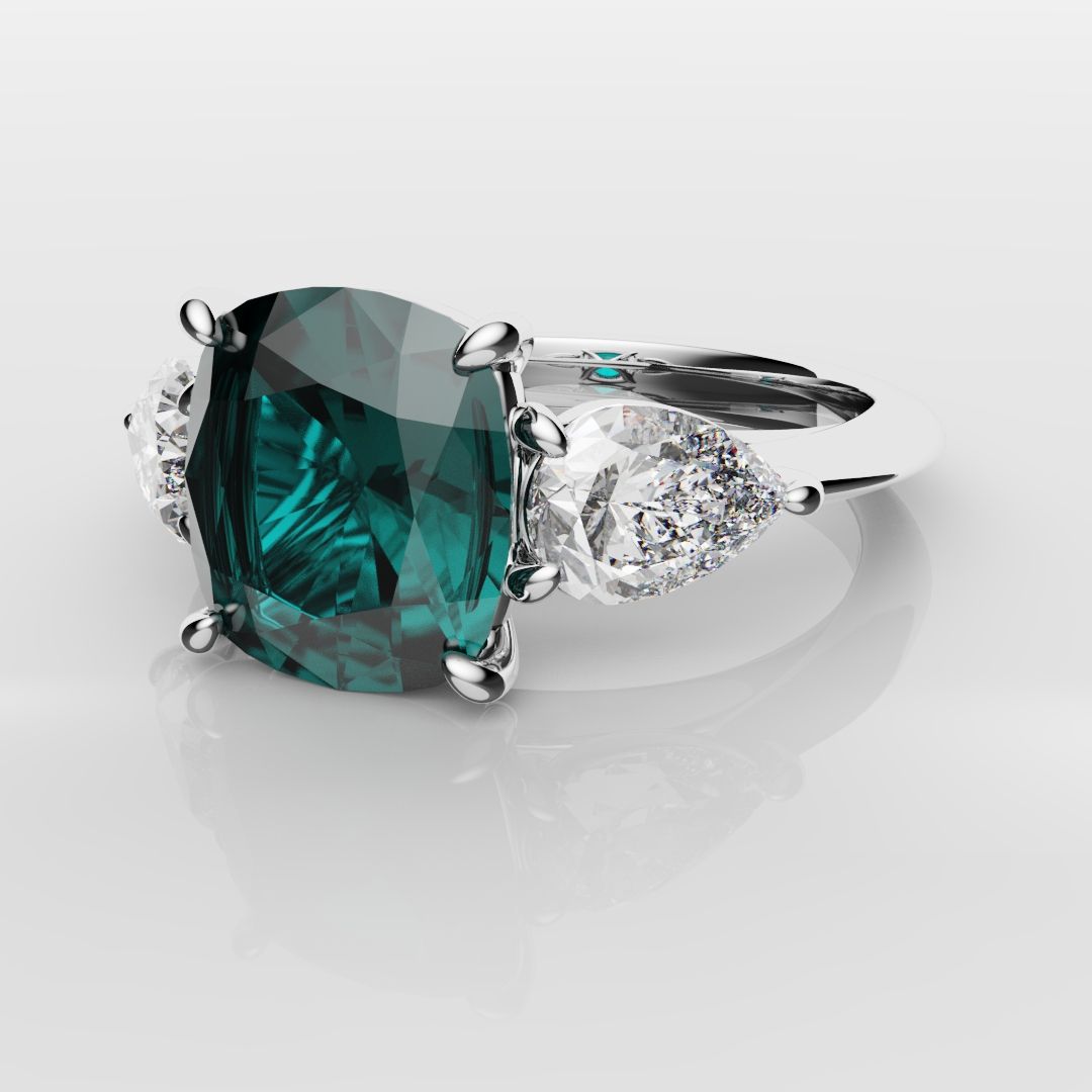 Cushion Cut Teal Sapphire With Pear Shoulder Diamonds