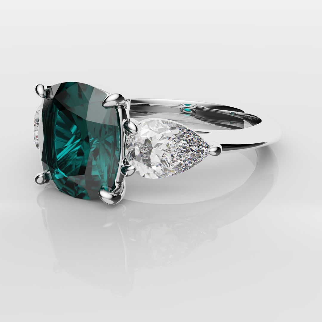Cushion Cut Teal Sapphire With Pear Shoulder Diamonds