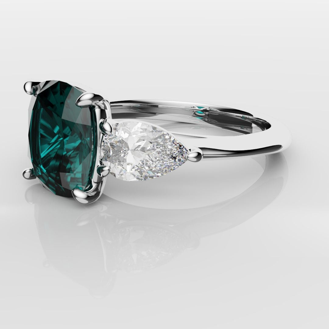 Cushion Cut Teal Sapphire With Pear Shoulder Diamonds