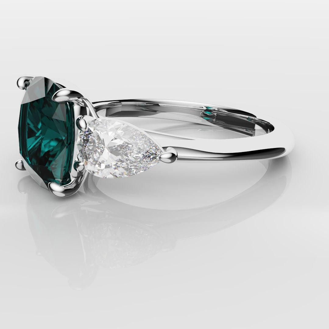 Cushion Cut Teal Sapphire With Pear Shoulder Diamonds