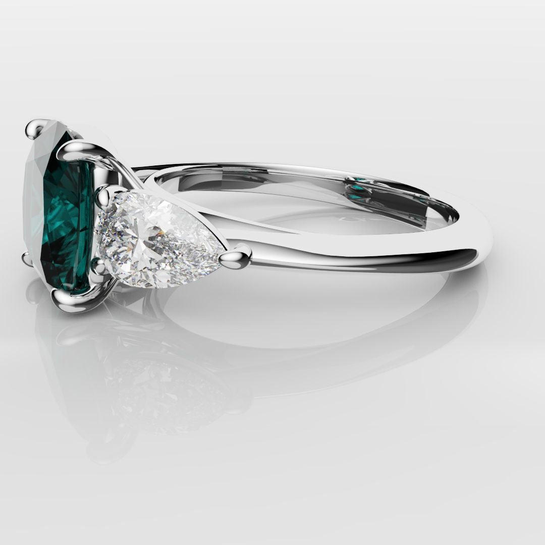 Cushion Cut Teal Sapphire With Pear Shoulder Diamonds