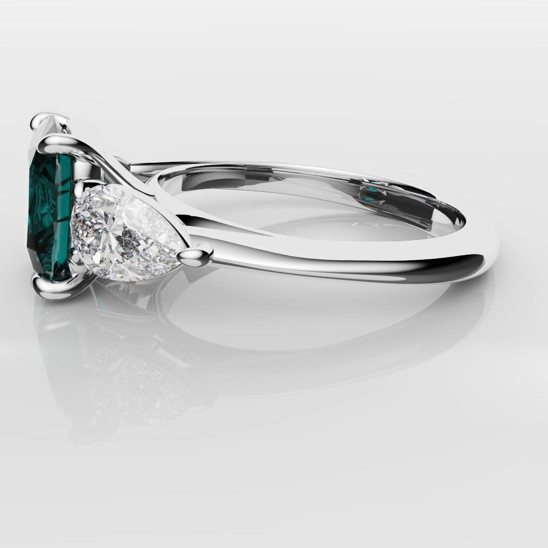 Cushion Cut Teal Sapphire With Pear Shoulder Diamonds