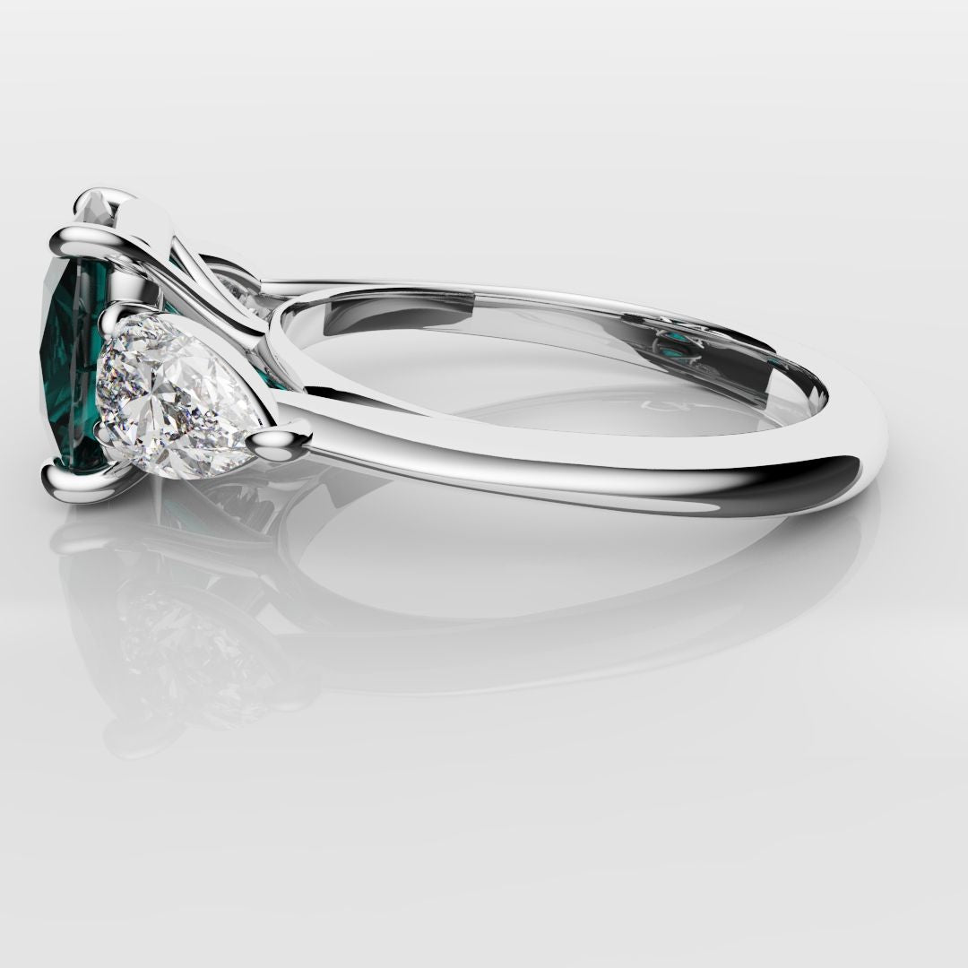 Cushion Cut Teal Sapphire With Pear Shoulder Diamonds
