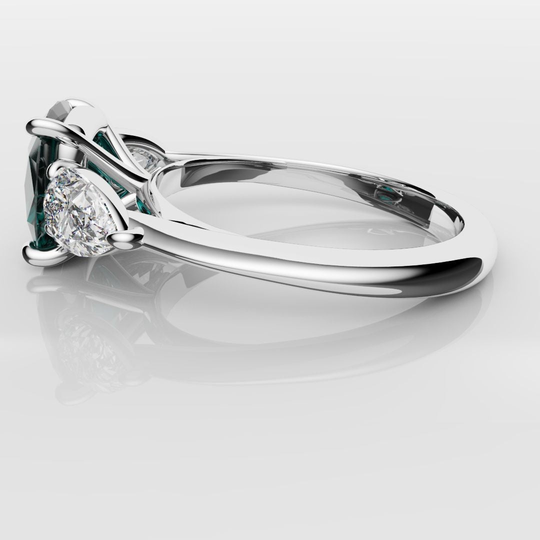 Cushion Cut Teal Sapphire With Pear Shoulder Diamonds