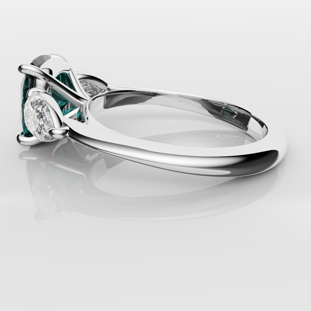 Cushion Cut Teal Sapphire With Pear Shoulder Diamonds