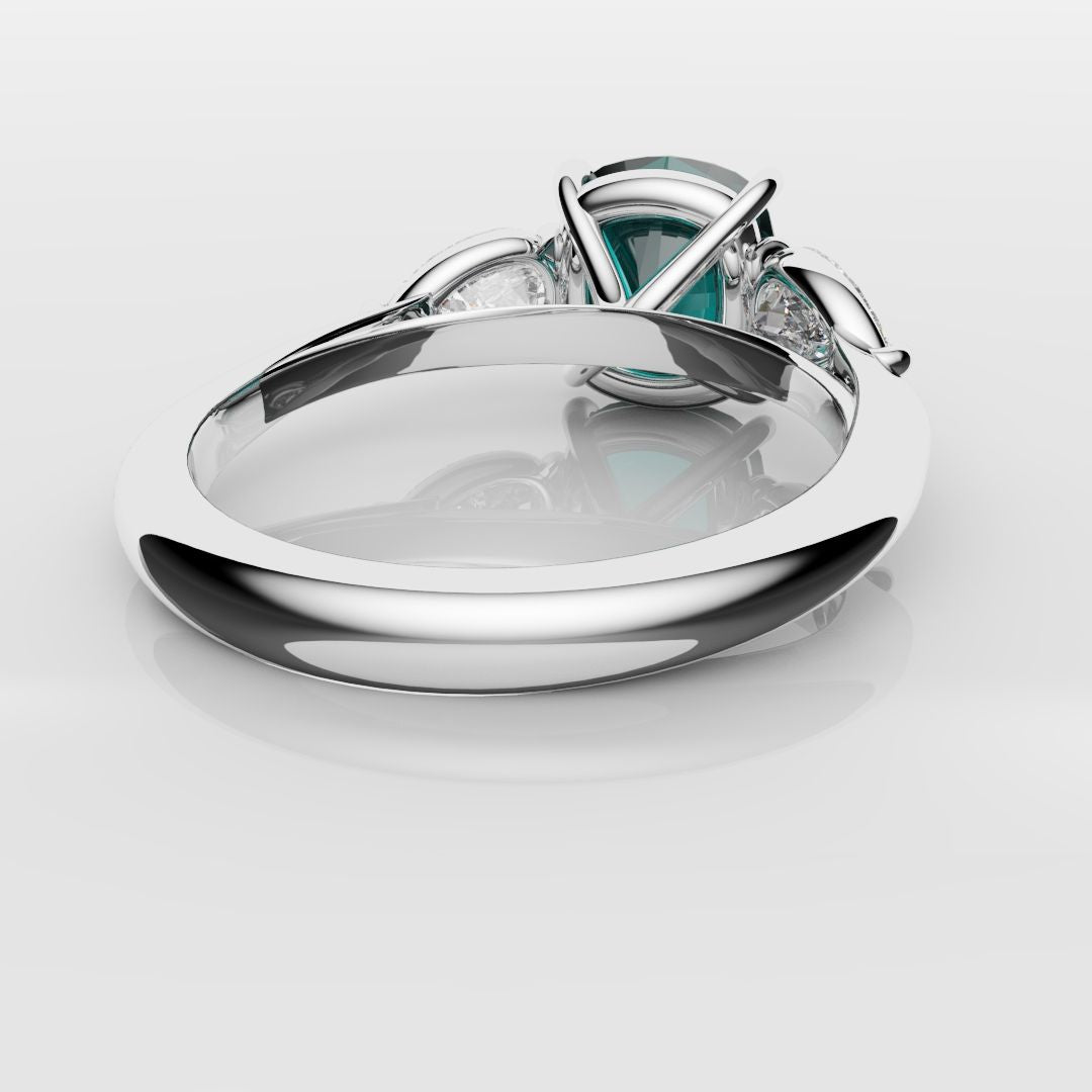 Cushion Cut Teal Sapphire With Pear Shoulder Diamonds