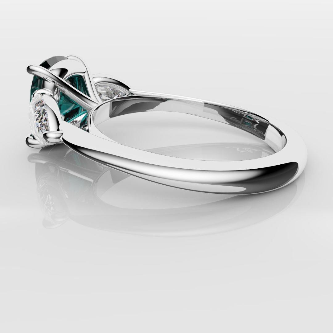 Cushion Cut Teal Sapphire With Pear Shoulder Diamonds