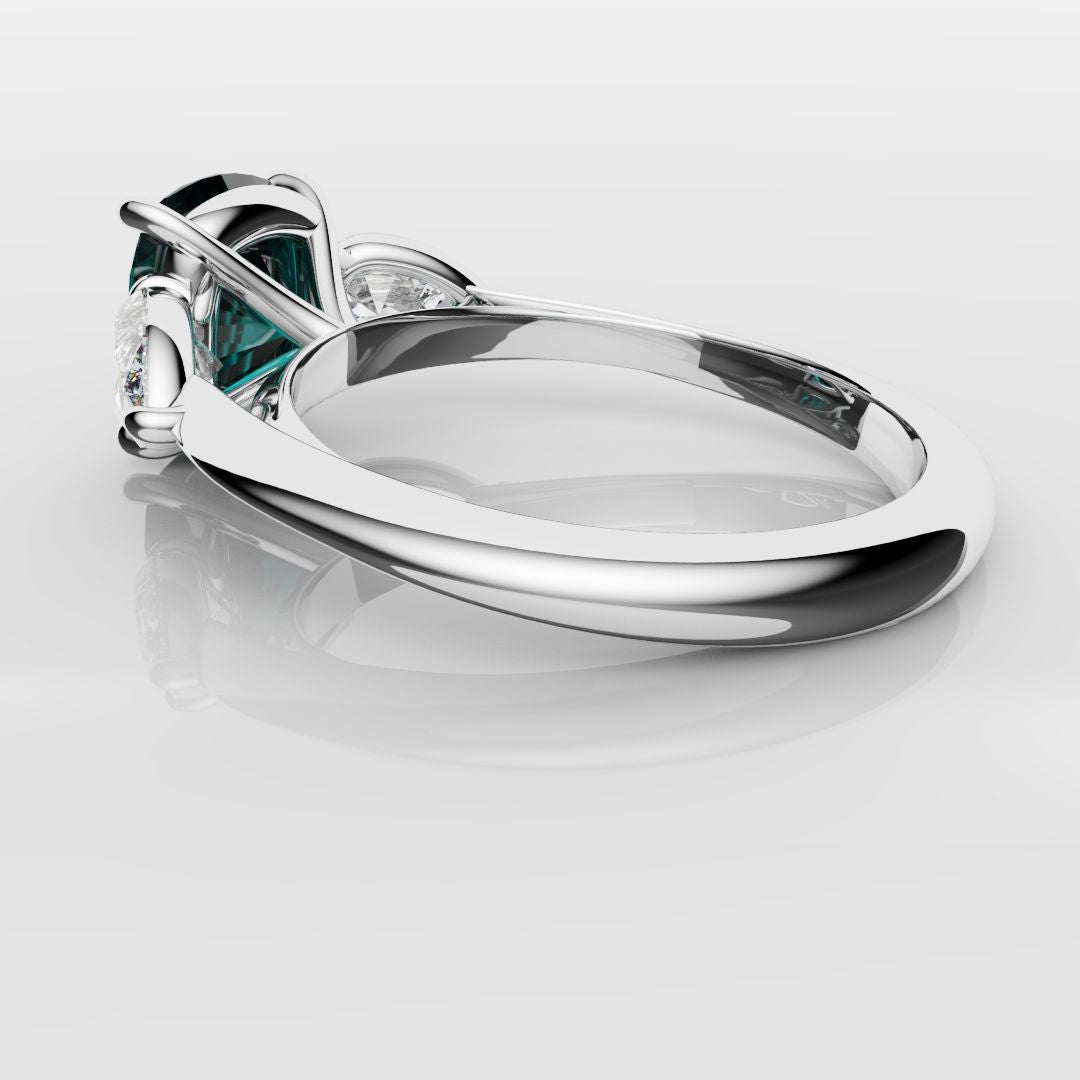 Cushion Cut Teal Sapphire With Pear Shoulder Diamonds