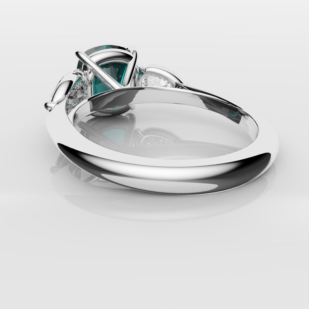 Cushion Cut Teal Sapphire With Pear Shoulder Diamonds