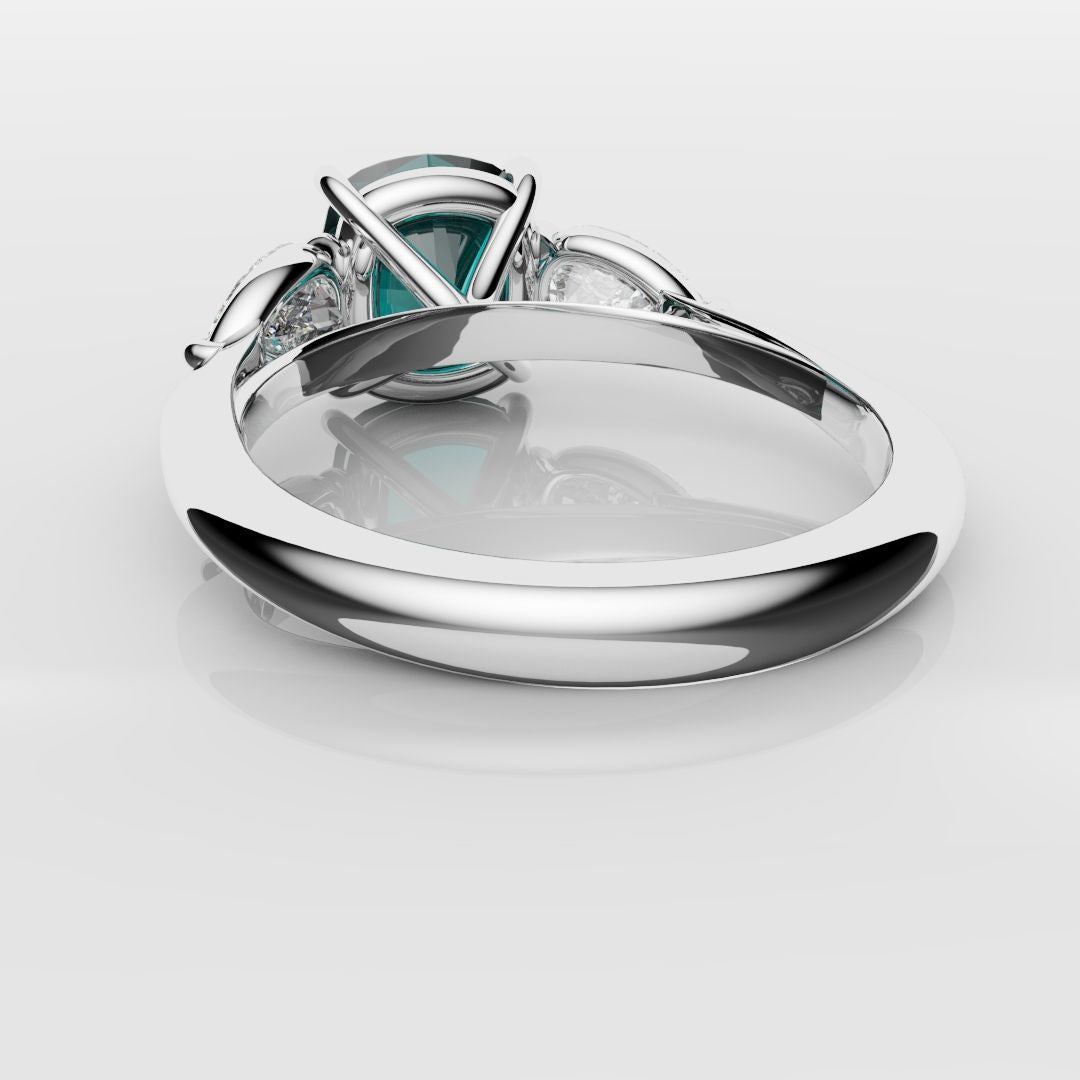 Cushion Cut Teal Sapphire With Pear Shoulder Diamonds