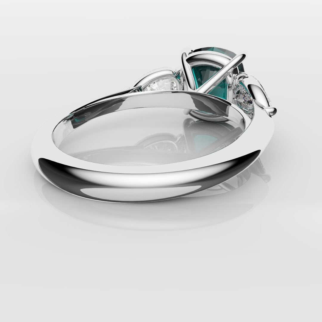 Cushion Cut Teal Sapphire With Pear Shoulder Diamonds