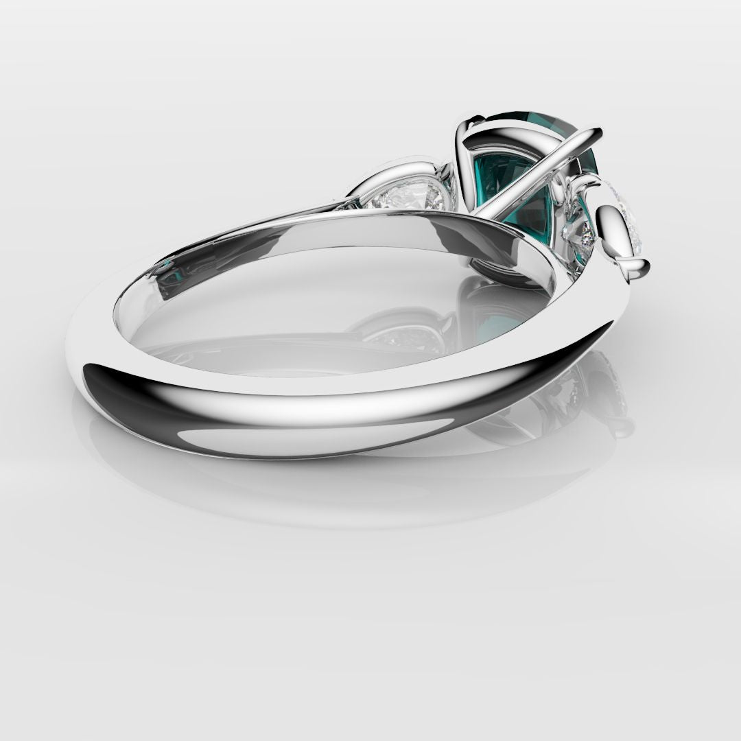 Cushion Cut Teal Sapphire With Pear Shoulder Diamonds