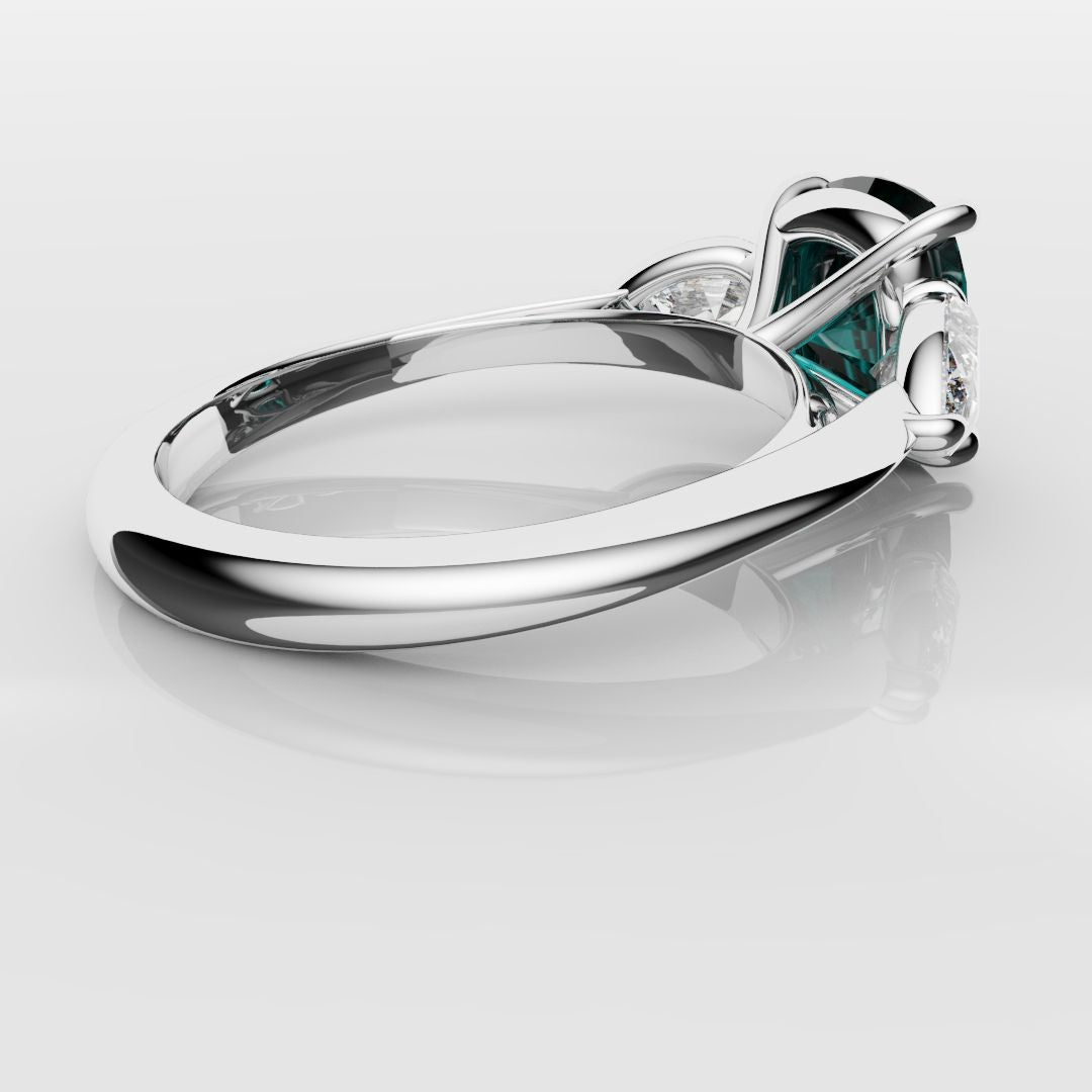 Cushion Cut Teal Sapphire With Pear Shoulder Diamonds