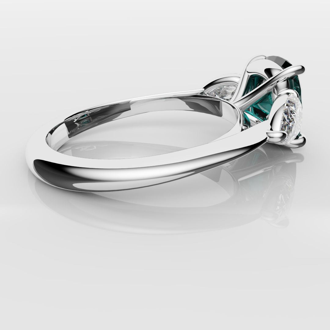 Cushion Cut Teal Sapphire With Pear Shoulder Diamonds
