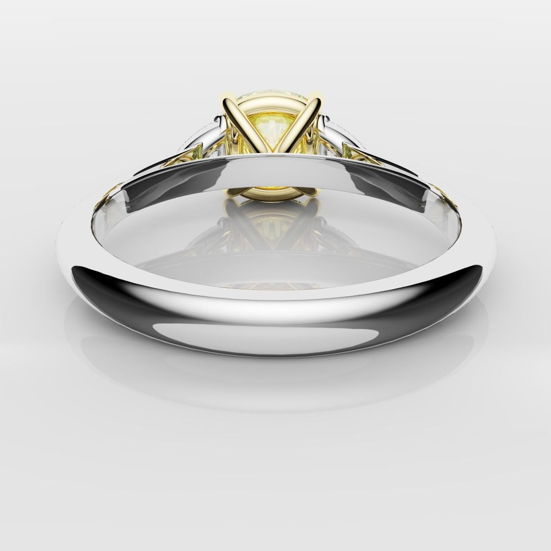 Cushion Cut Yellow Diamond Ring With Trilliant Shoulder Diamonds