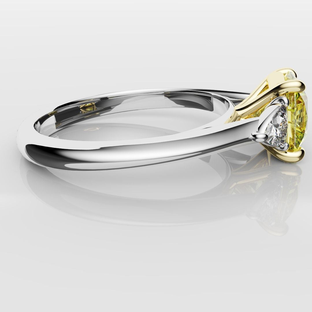Cushion Cut Yellow Diamond Ring With Trilliant Shoulder Diamonds
