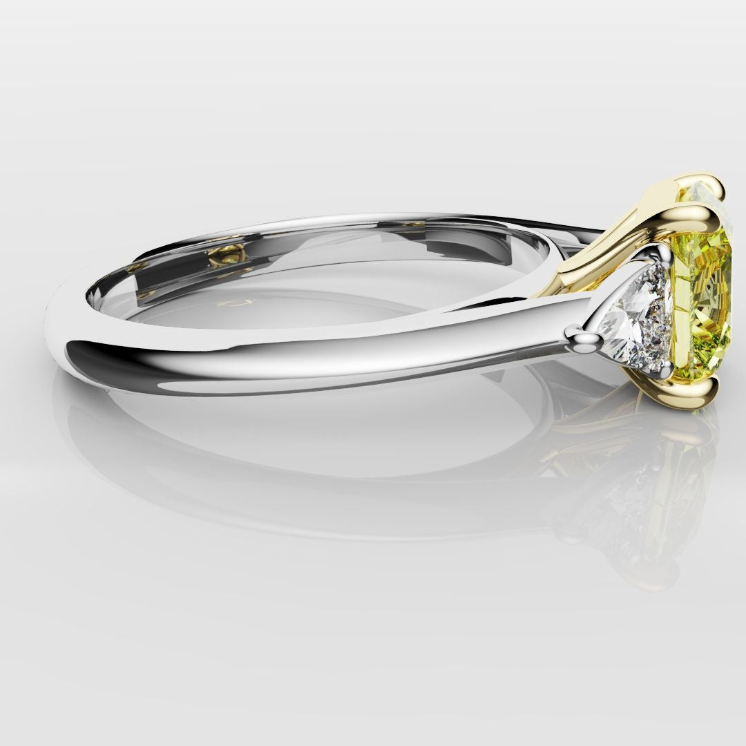 Cushion Cut Yellow Diamond Ring With Trilliant Shoulder Diamonds