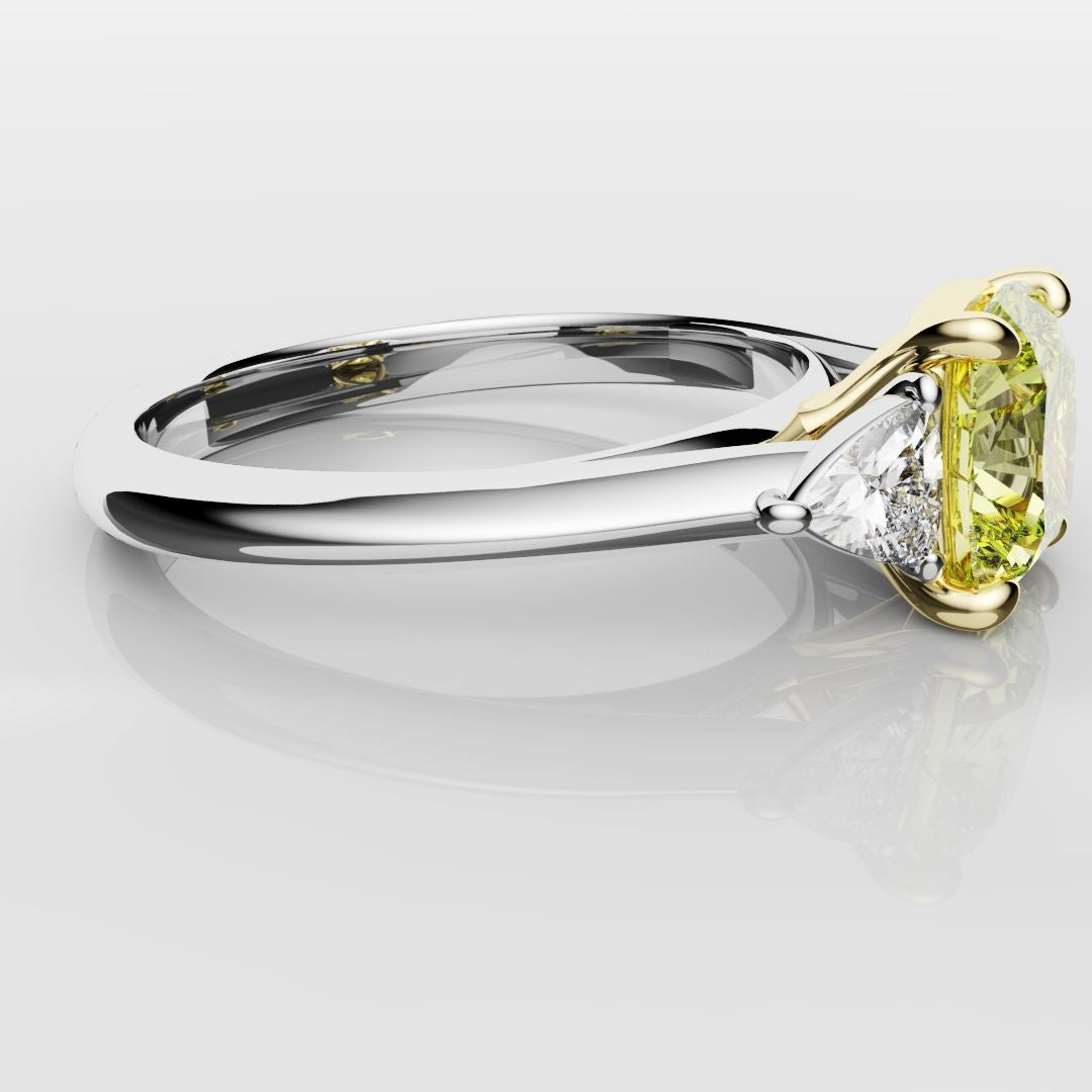 Cushion Cut Yellow Diamond Ring With Trilliant Shoulder Diamonds