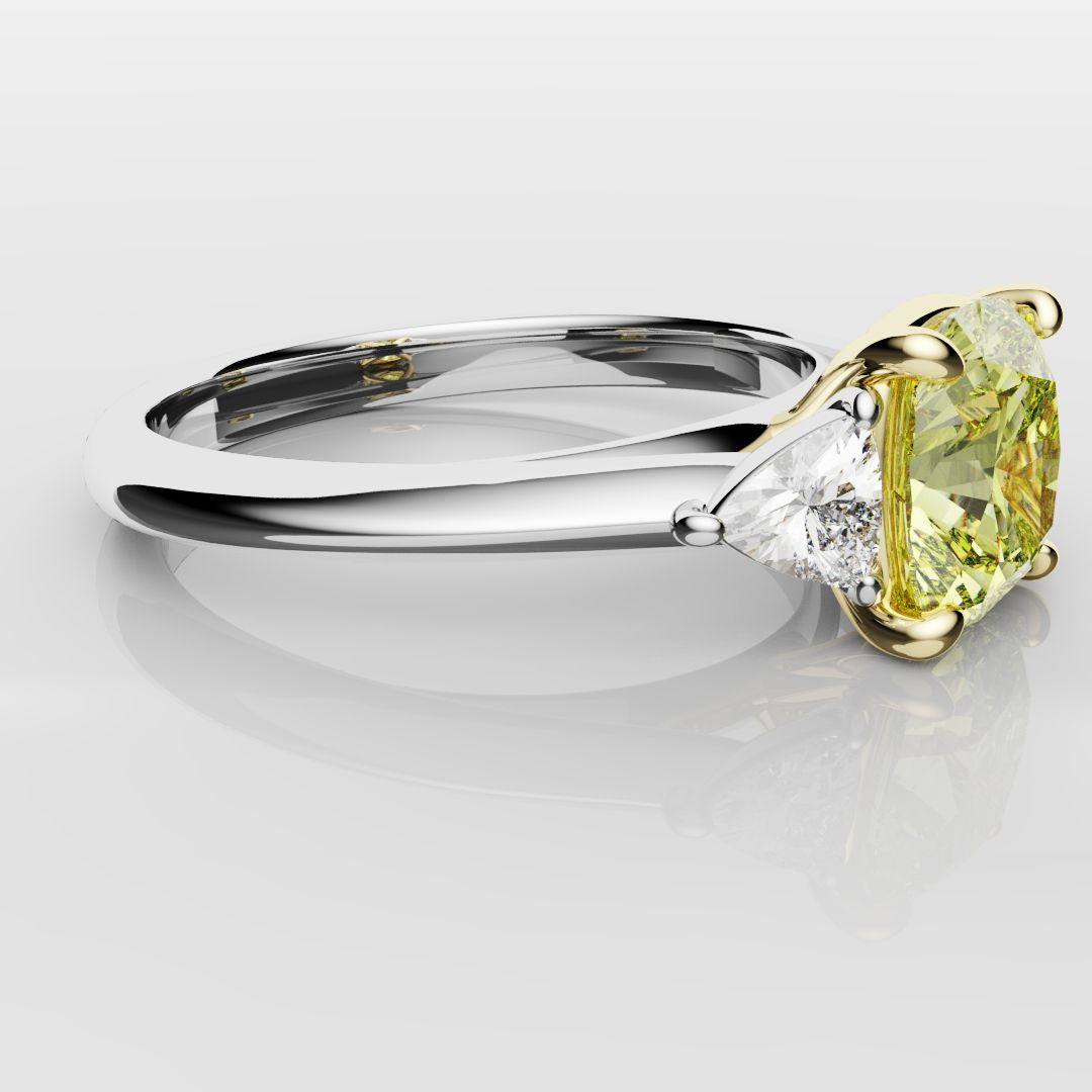 Cushion Cut Yellow Diamond Ring With Trilliant Shoulder Diamonds