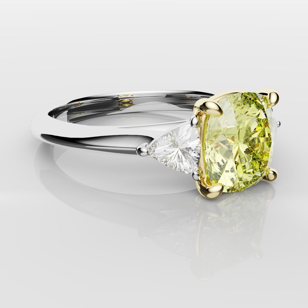 Cushion Cut Yellow Diamond Ring With Trilliant Shoulder Diamonds