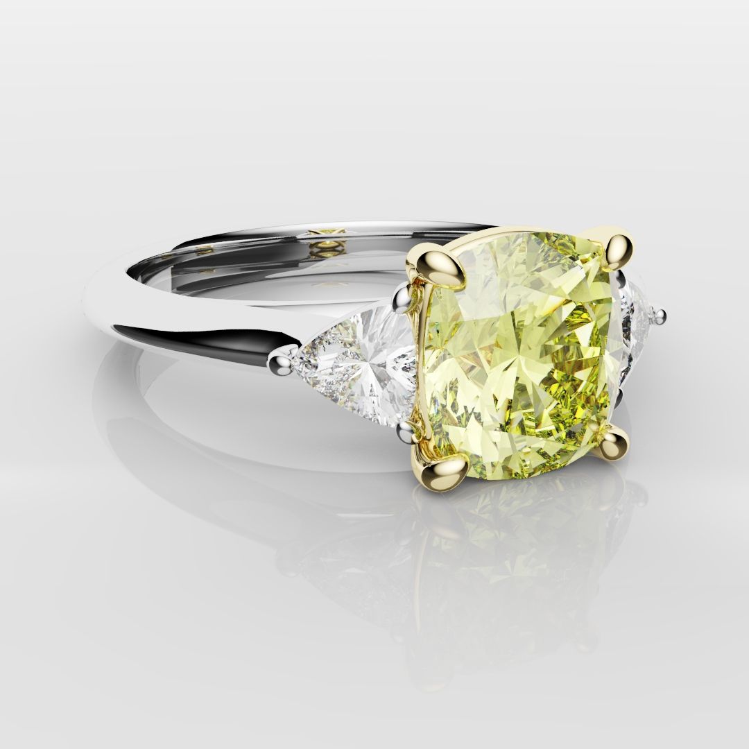 Cushion Cut Yellow Diamond Ring With Trilliant Shoulder Diamonds