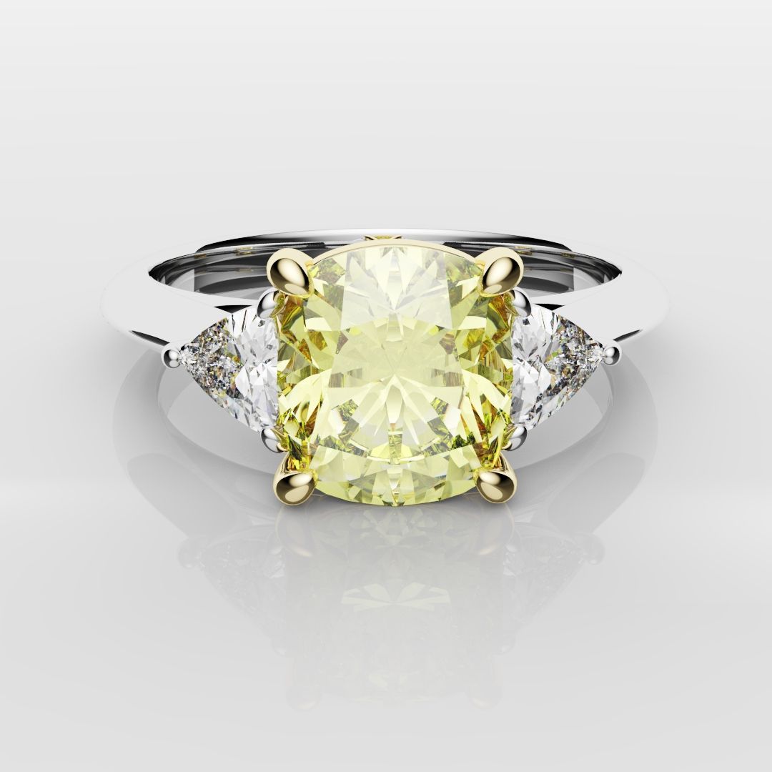Cushion Cut Yellow Diamond Ring With Trilliant Shoulder Diamonds