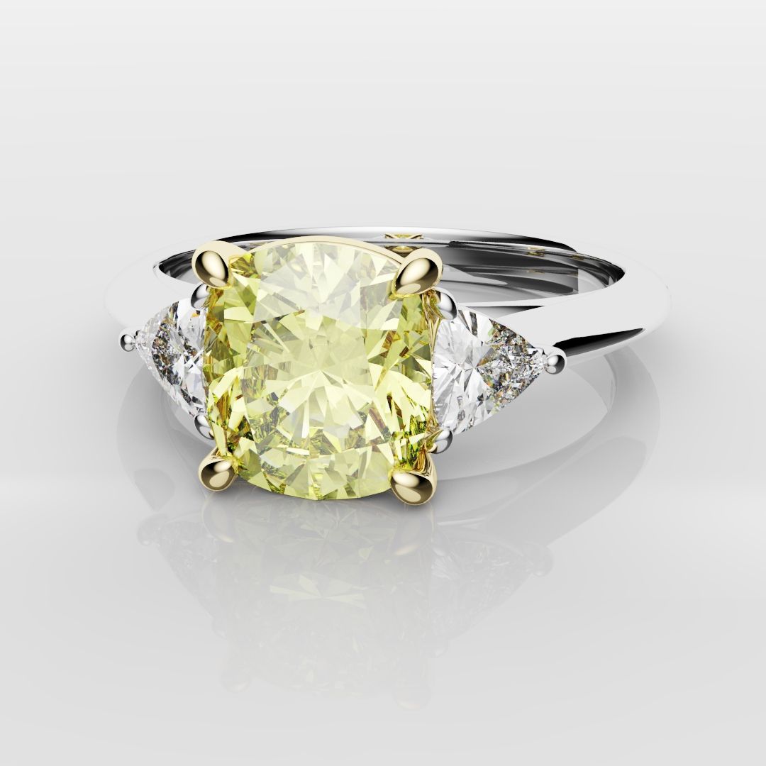 Cushion Cut Yellow Diamond Ring With Trilliant Shoulder Diamonds