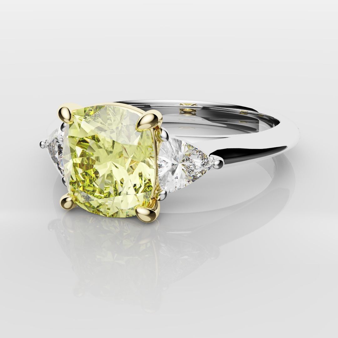 Cushion Cut Yellow Diamond Ring With Trilliant Shoulder Diamonds