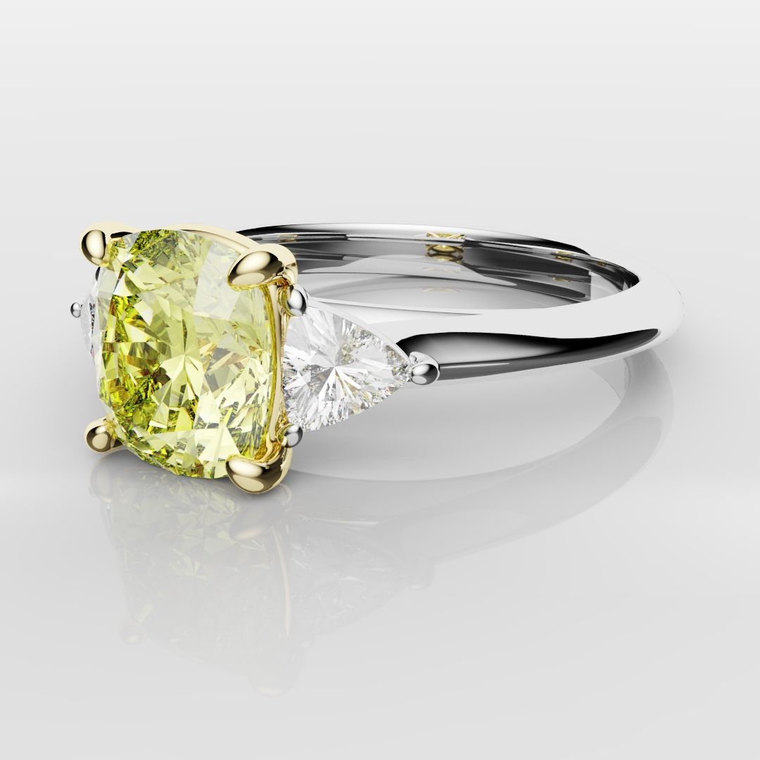 Cushion Cut Yellow Diamond Ring With Trilliant Shoulder Diamonds
