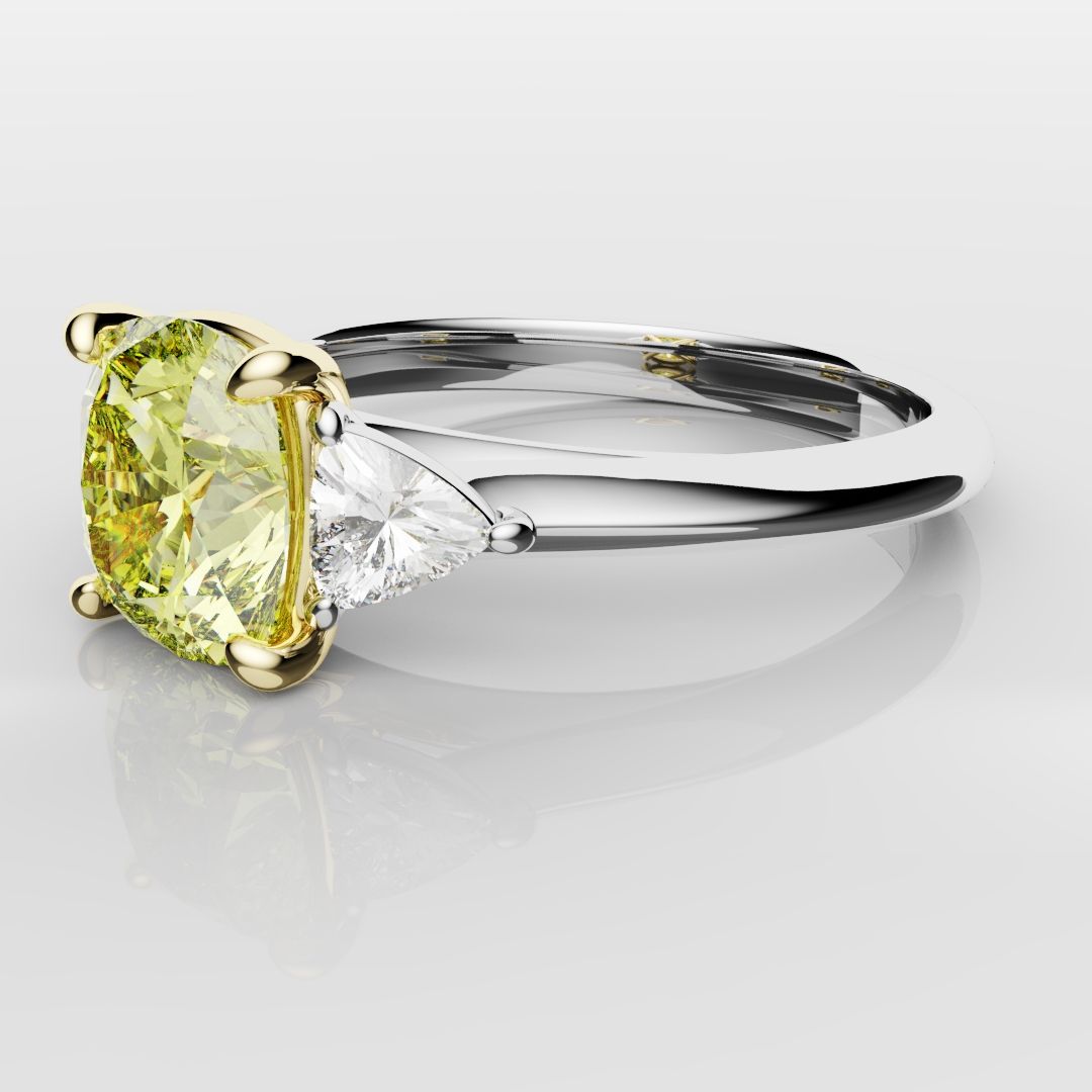 Cushion Cut Yellow Diamond Ring With Trilliant Shoulder Diamonds