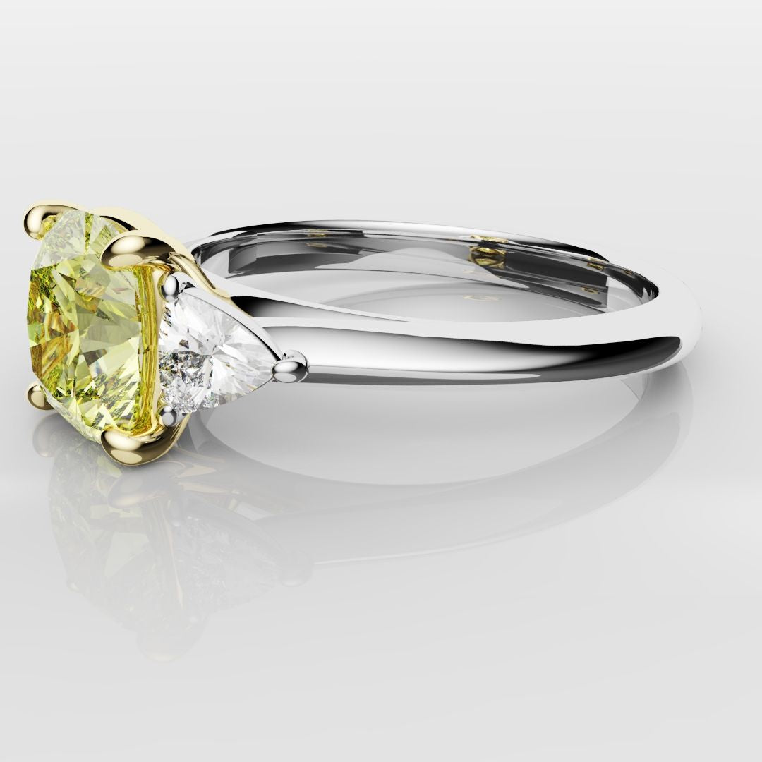 Cushion Cut Yellow Diamond Ring With Trilliant Shoulder Diamonds
