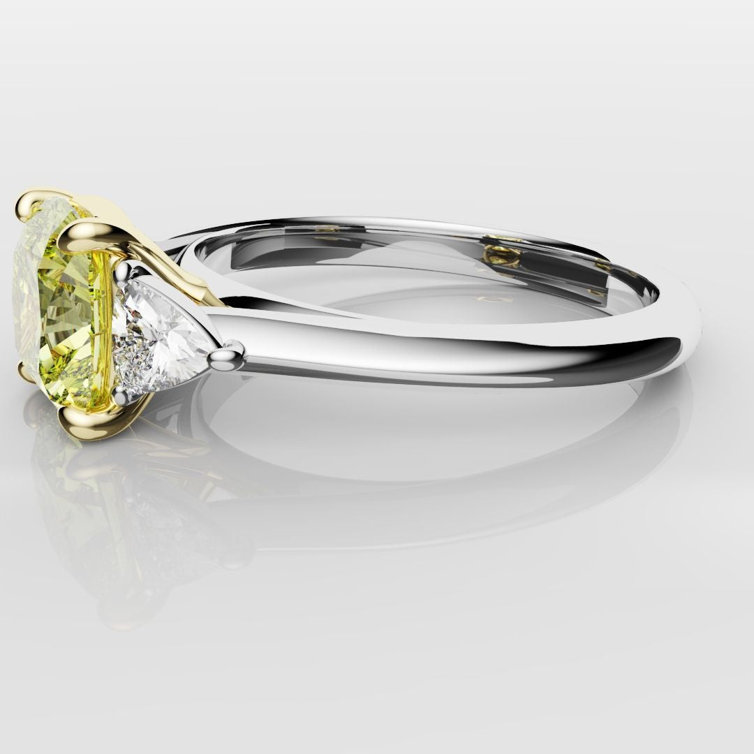 Cushion Cut Yellow Diamond Ring With Trilliant Shoulder Diamonds