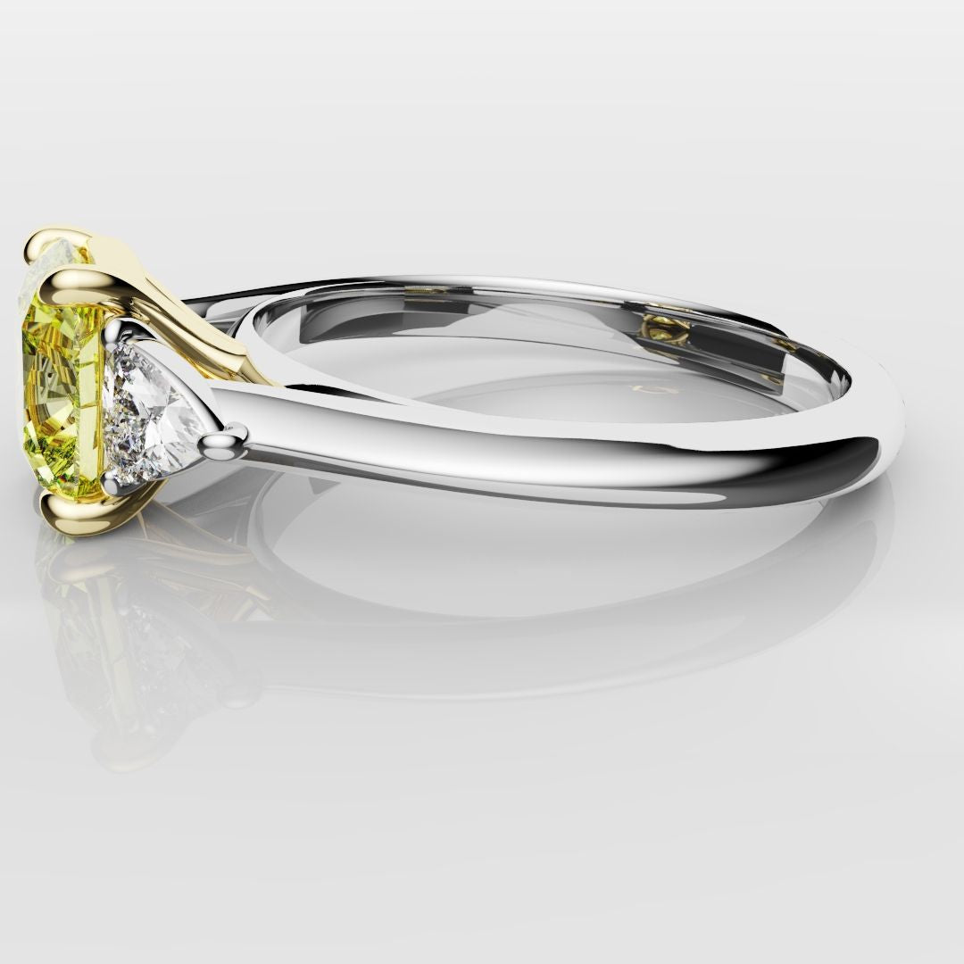 Cushion Cut Yellow Diamond Ring With Trilliant Shoulder Diamonds