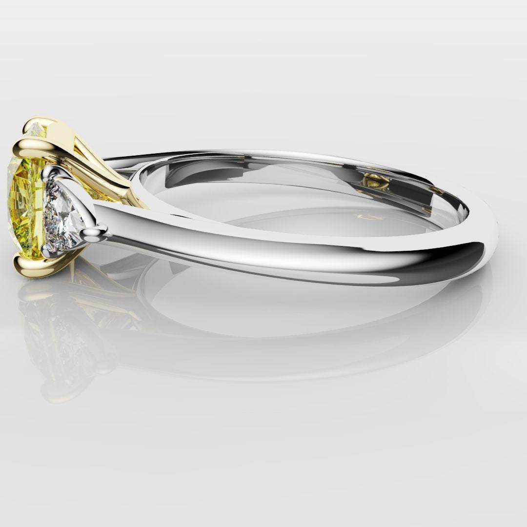 Cushion Cut Yellow Diamond Ring With Trilliant Shoulder Diamonds