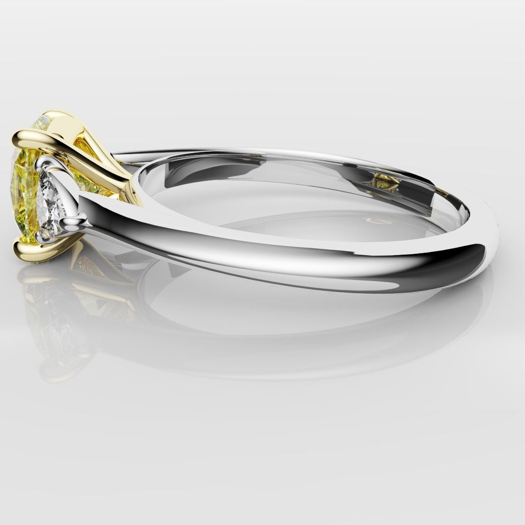 Cushion Cut Yellow Diamond Ring With Trilliant Shoulder Diamonds