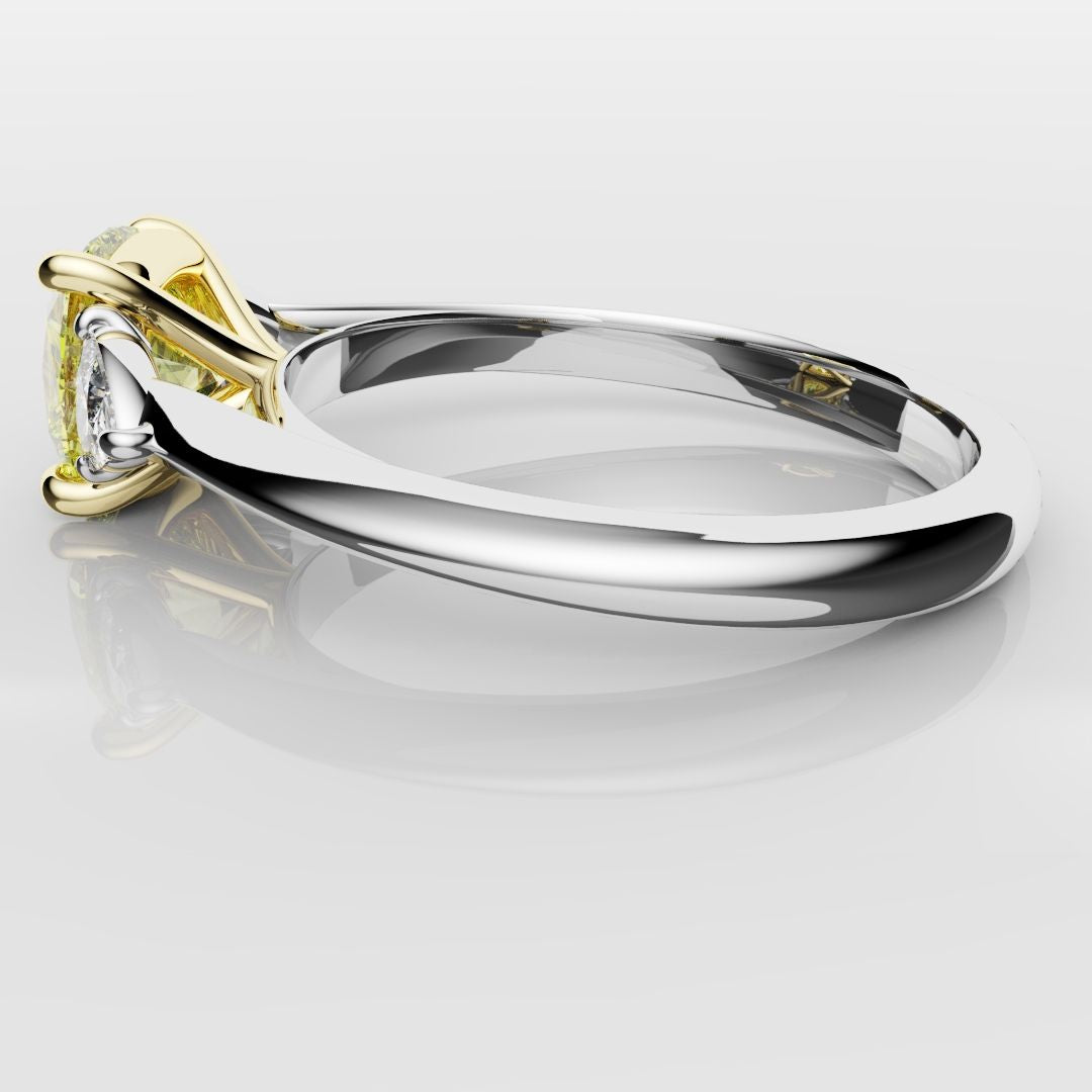 Cushion Cut Yellow Diamond Ring With Trilliant Shoulder Diamonds