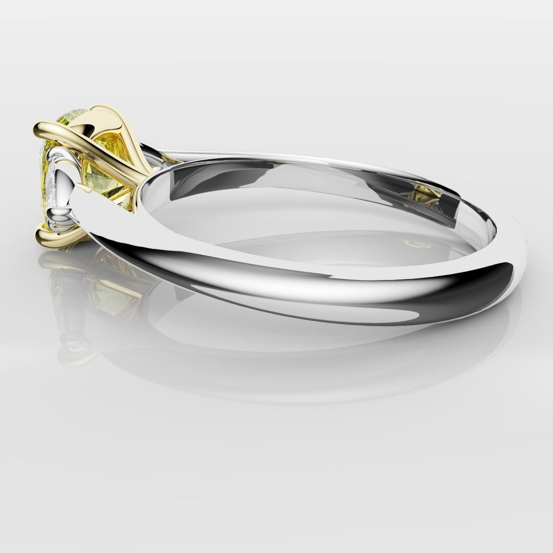 Cushion Cut Yellow Diamond Ring With Trilliant Shoulder Diamonds