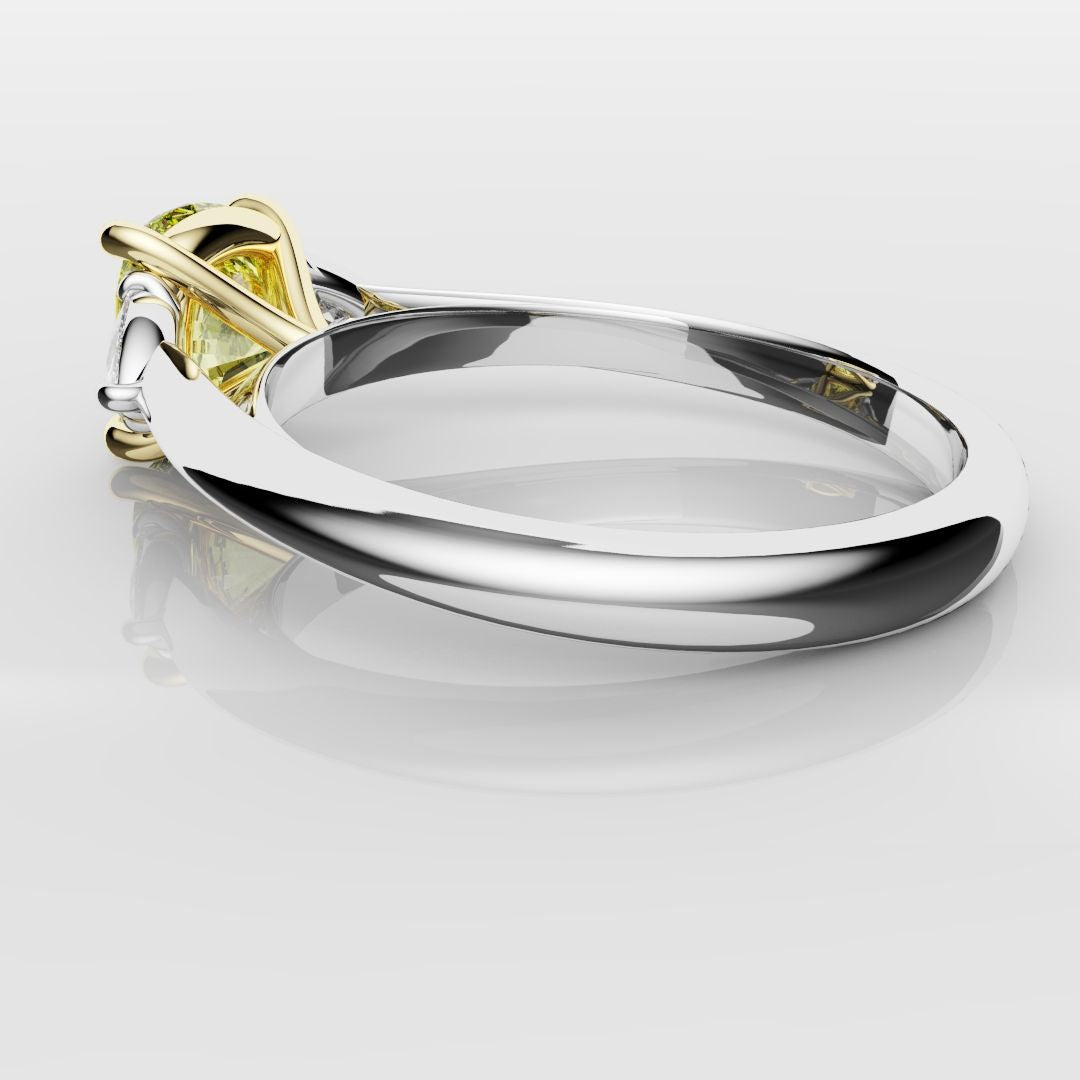 Cushion Cut Yellow Diamond Ring With Trilliant Shoulder Diamonds