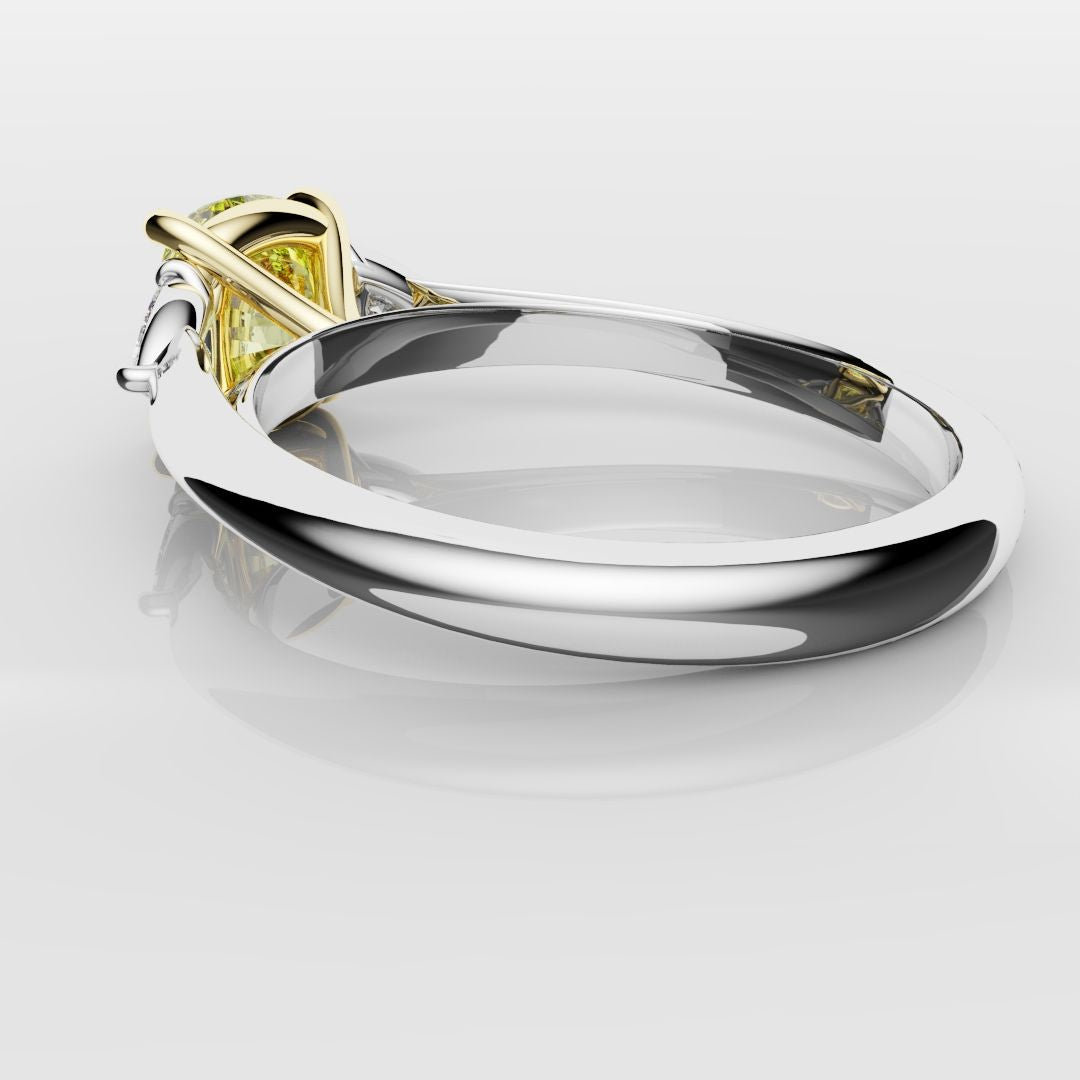 Cushion Cut Yellow Diamond Ring With Trilliant Shoulder Diamonds