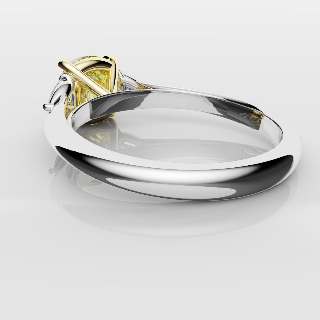 Cushion Cut Yellow Diamond Ring With Trilliant Shoulder Diamonds