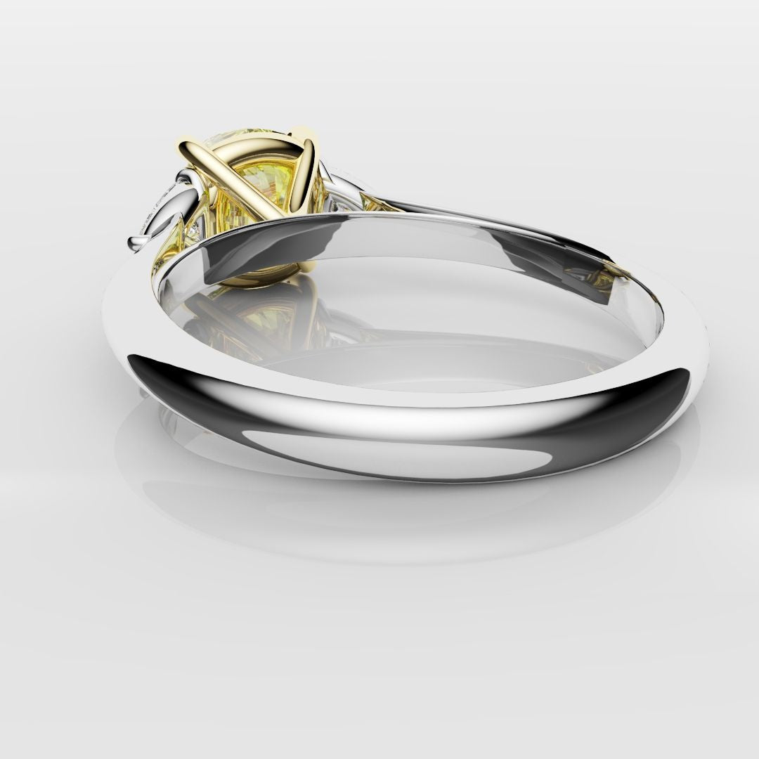 Cushion Cut Yellow Diamond Ring With Trilliant Shoulder Diamonds