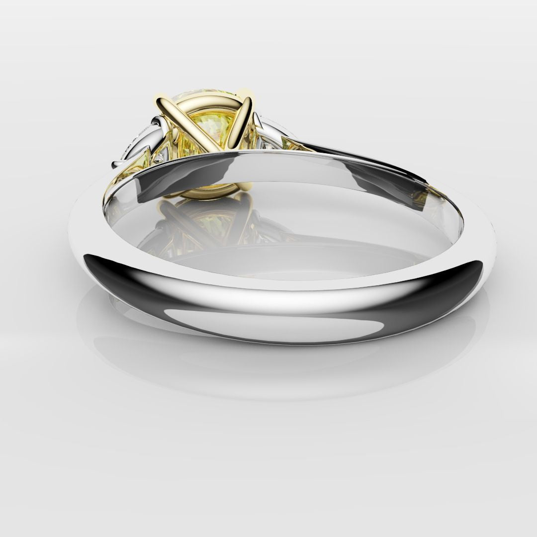 Cushion Cut Yellow Diamond Ring With Trilliant Shoulder Diamonds