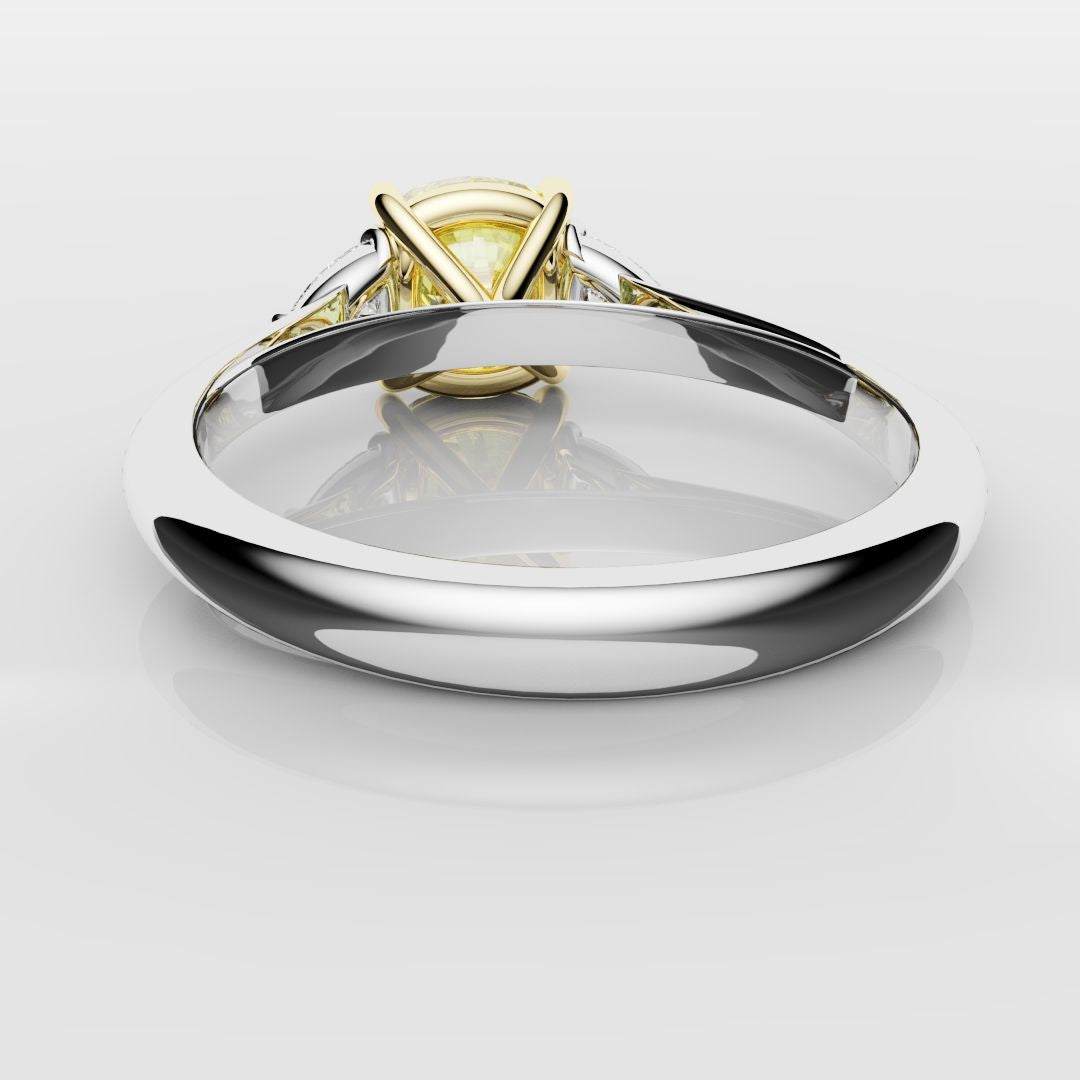 Cushion Cut Yellow Diamond Ring With Trilliant Shoulder Diamonds