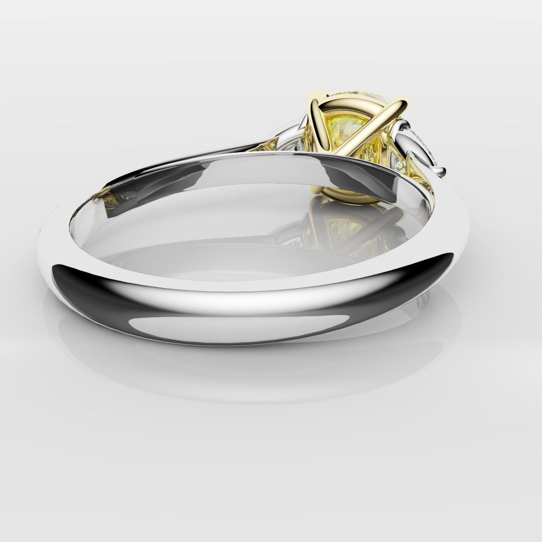 Cushion Cut Yellow Diamond Ring With Trilliant Shoulder Diamonds