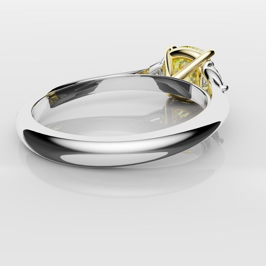 Cushion Cut Yellow Diamond Ring With Trilliant Shoulder Diamonds