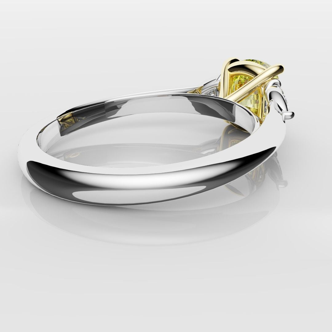 Cushion Cut Yellow Diamond Ring With Trilliant Shoulder Diamonds