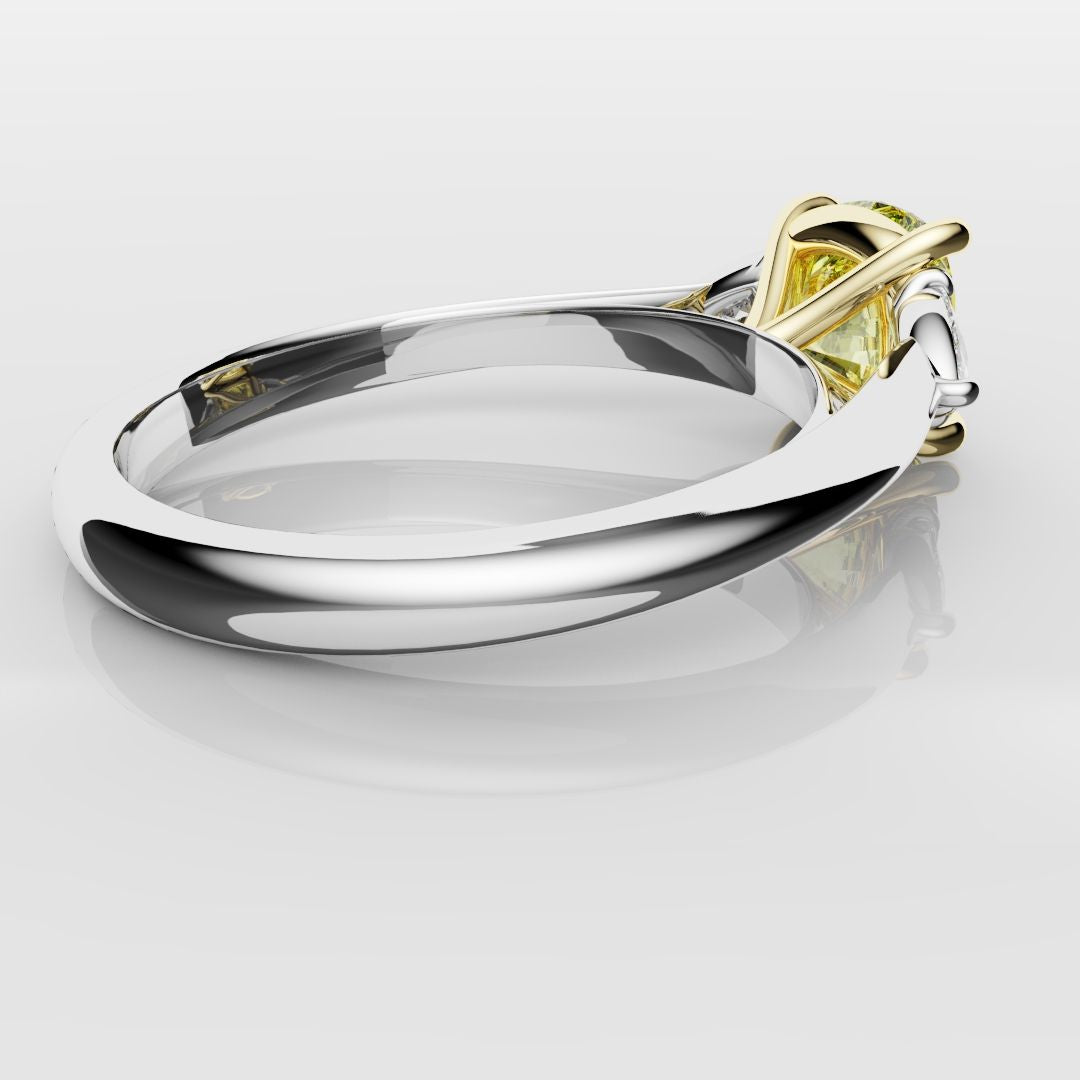 Cushion Cut Yellow Diamond Ring With Trilliant Shoulder Diamonds