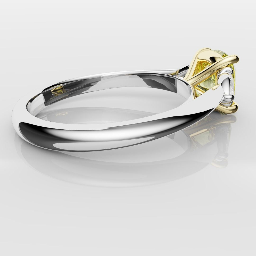 Cushion Cut Yellow Diamond Ring With Trilliant Shoulder Diamonds