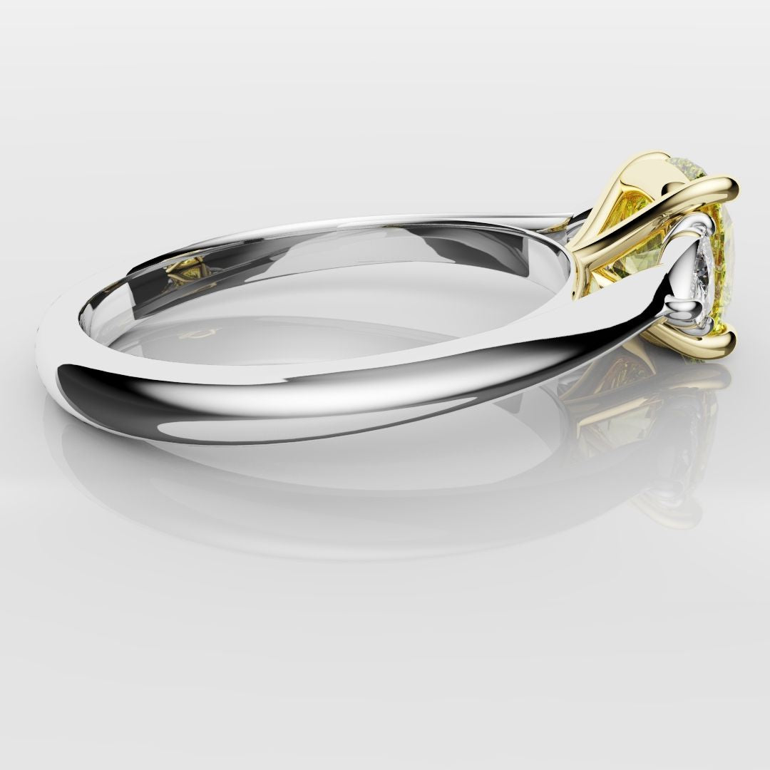 Cushion Cut Yellow Diamond Ring With Trilliant Shoulder Diamonds