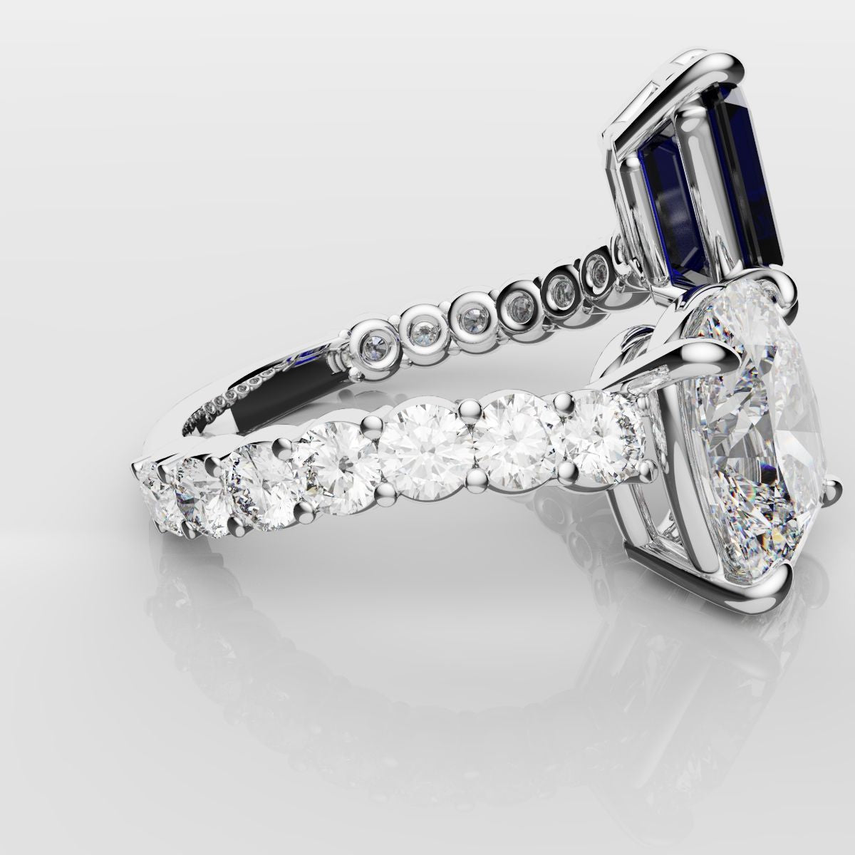 Emerald Cut Sapphire and Cushion Cut Diamond Toi Et Moi Engagement Ring